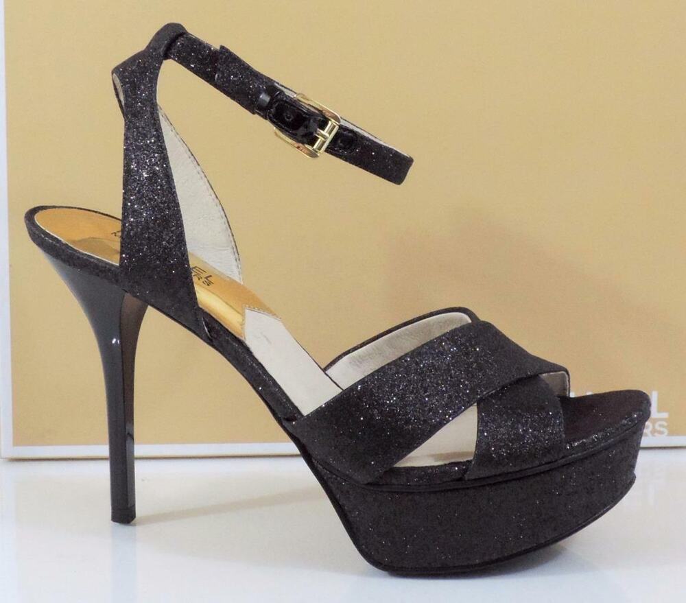 Michael Kors Gideon Sandal Platform High Heels Black Glitter Sparkle Size 8.5